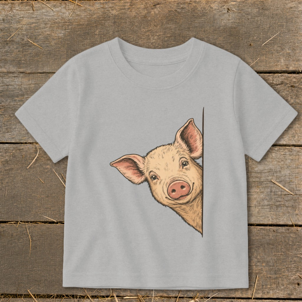 Light gray t-shirt with a cute pig peeking from the side.