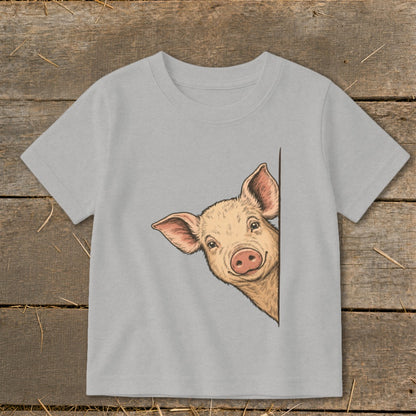 Light gray t-shirt with a cute pig peeking from the side.