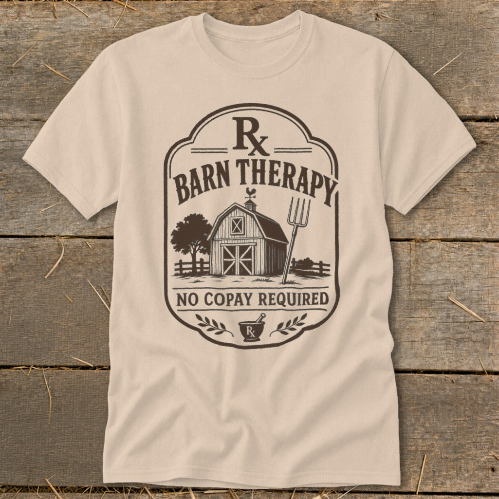 T-shirt with "Barn Therapy" and "No Copay Required" text, featuring a barn, tree, and pitchfork.