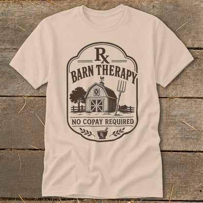 T-shirt with "Barn Therapy" and "No Copay Required" text, featuring a barn, tree, and pitchfork.