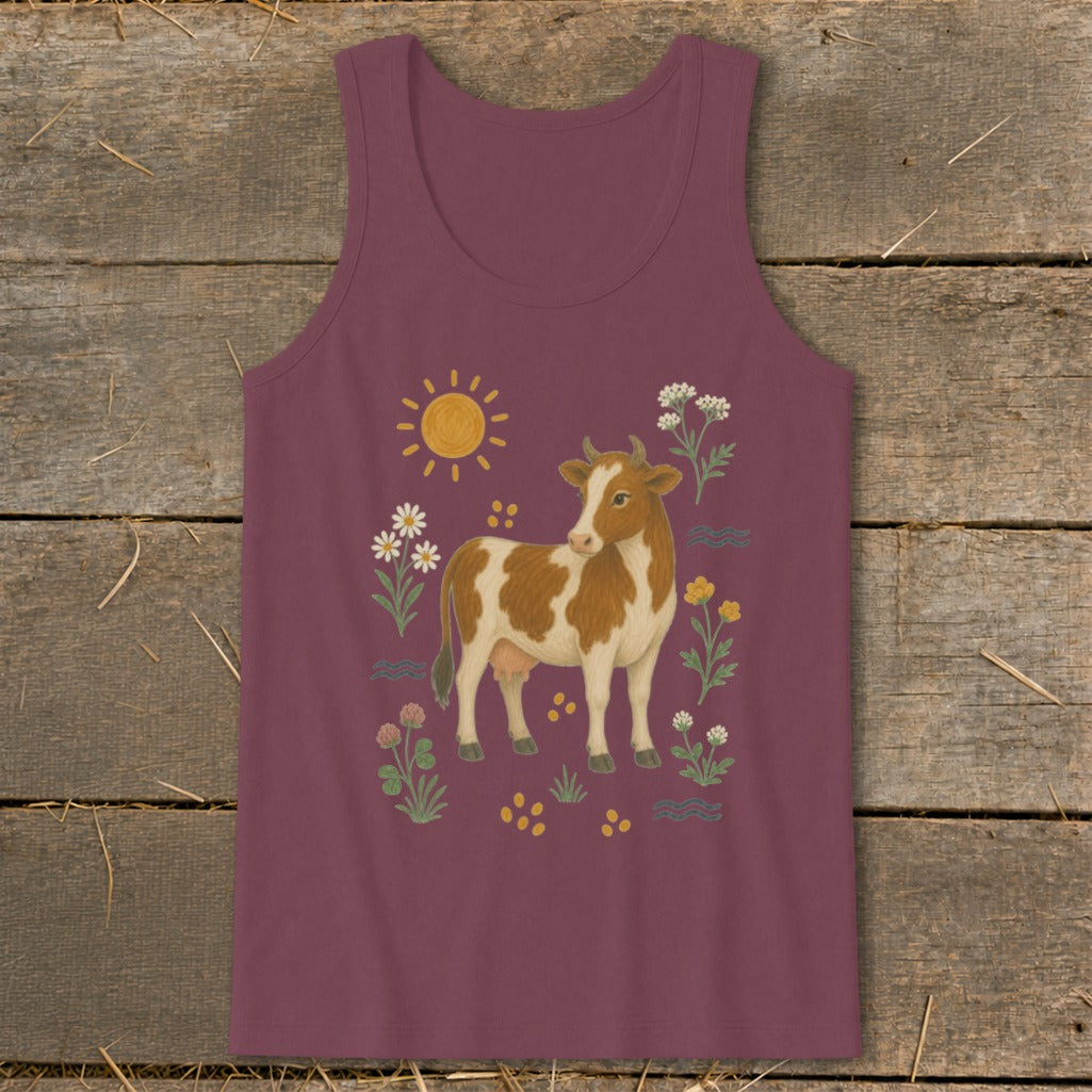 Maroon tank top with a cow and floral illustration.