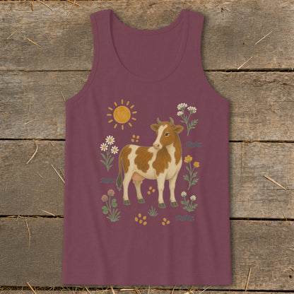 Maroon tank top with a cow and floral illustration.