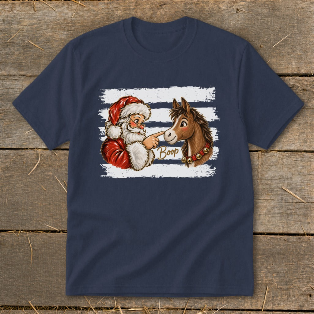 Santa Claus booping a horse's nose with "Boop" text, on a navy t-shirt.