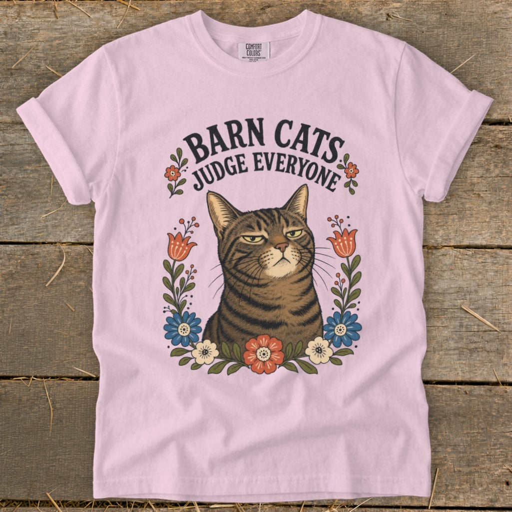 Pink t-shirt with a judgmental tabby cat and text "Barn Cats Judge Everyone."