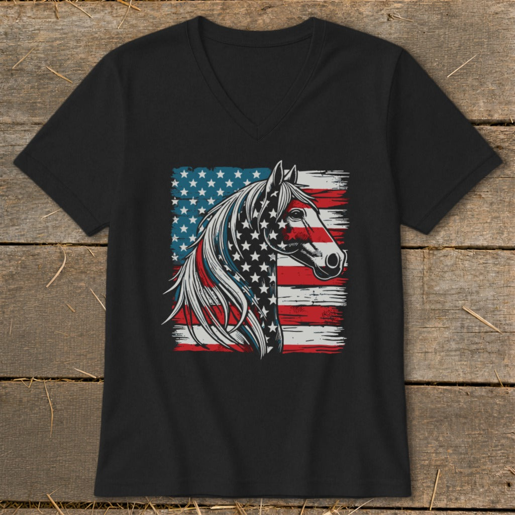 Black t-shirt with American flag horse head graphic.