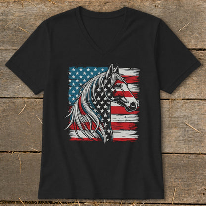 Black t-shirt with American flag horse head graphic.