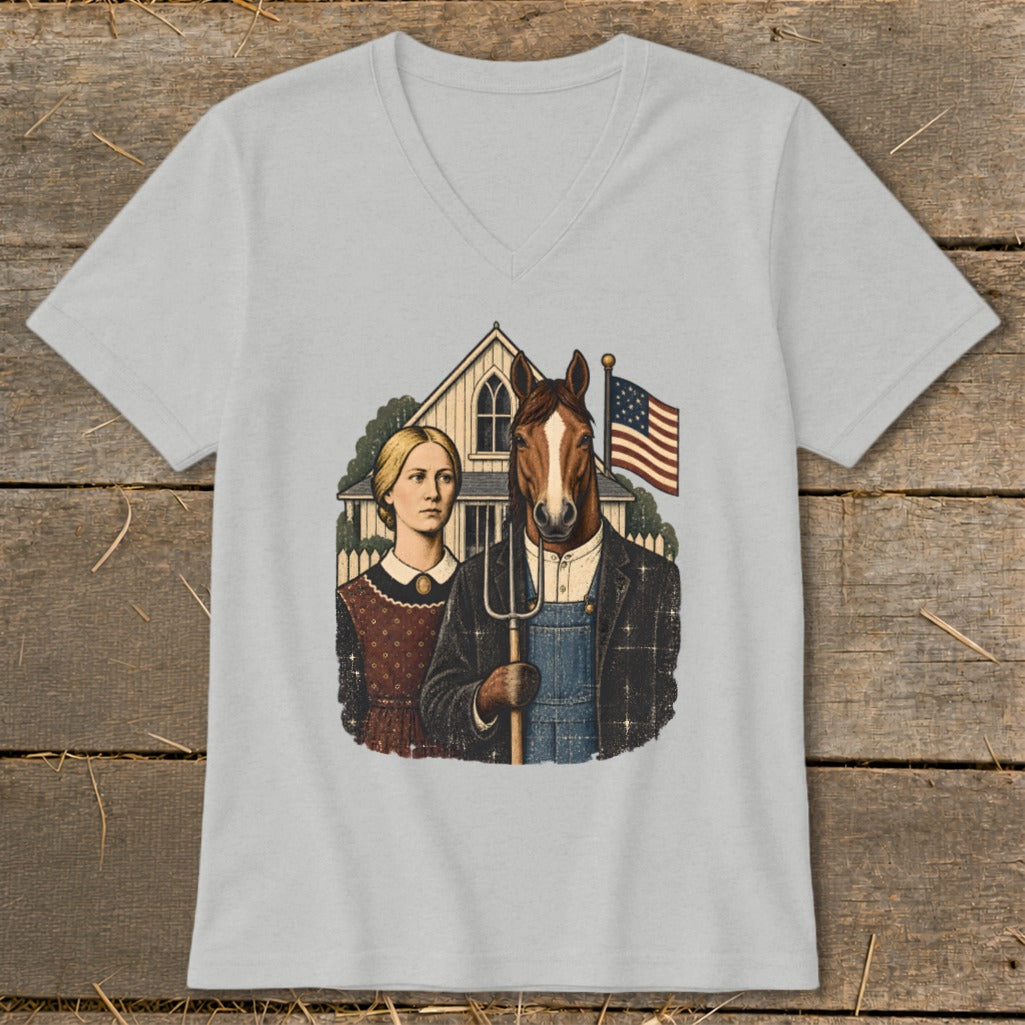 Light gray V-neck t-shirt featuring a parody graphic of American Gothic with a woman and a horse holding a pitchfork.
