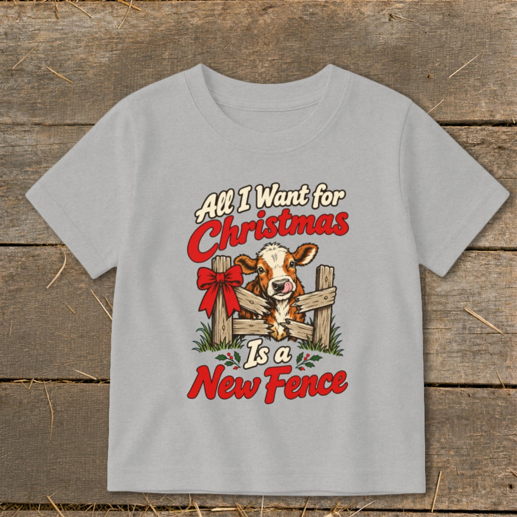 Gray t-shirt with a cow and text reading "All I Want for Christmas Is a New Fence".
