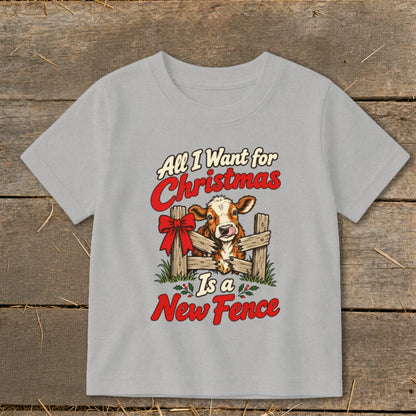 Gray t-shirt with a cow and text reading "All I Want for Christmas Is a New Fence".