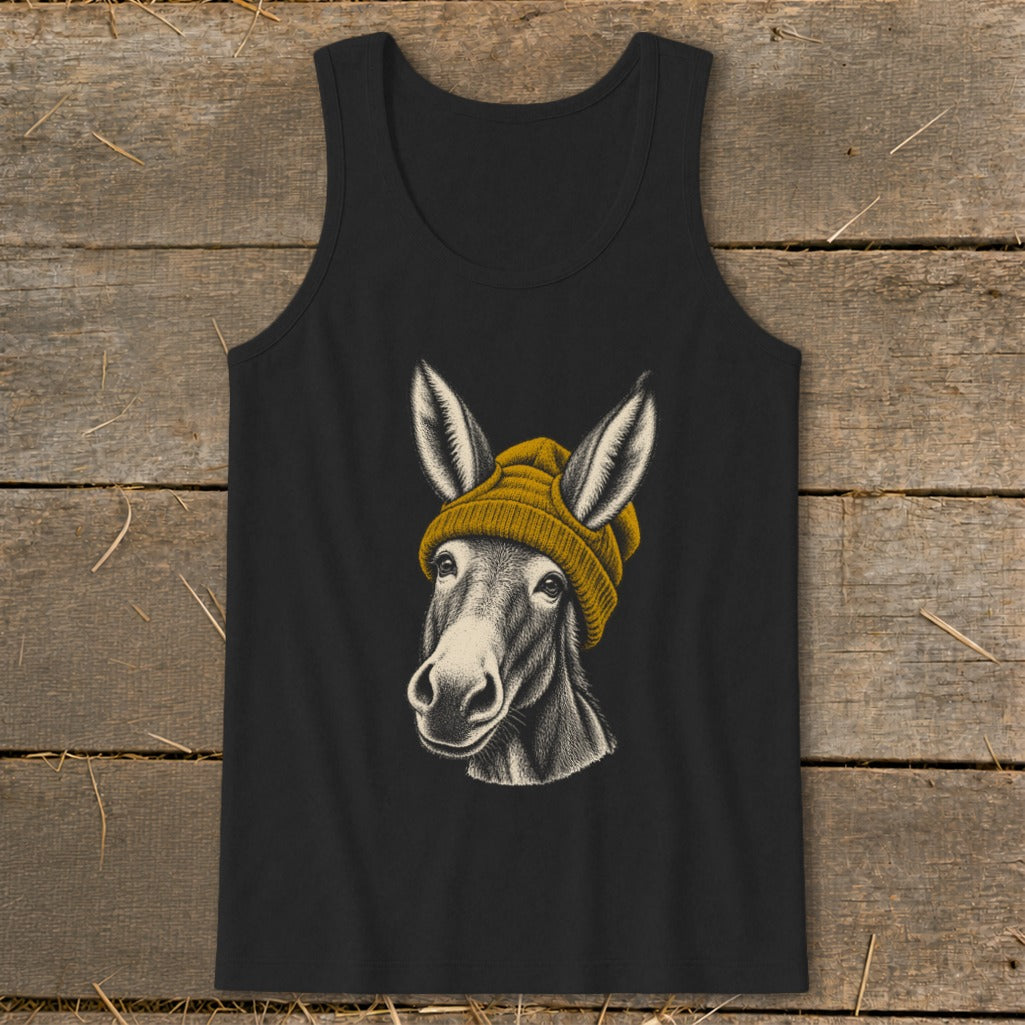 Black tank top with a sketch of a donkey wearing a yellow beanie.