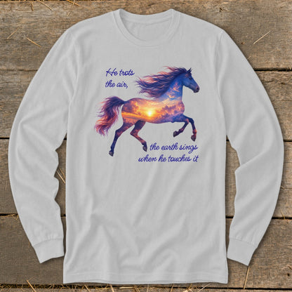 Light gray long-sleeve t-shirt featuring a running horse filled with a sunset sky and text.