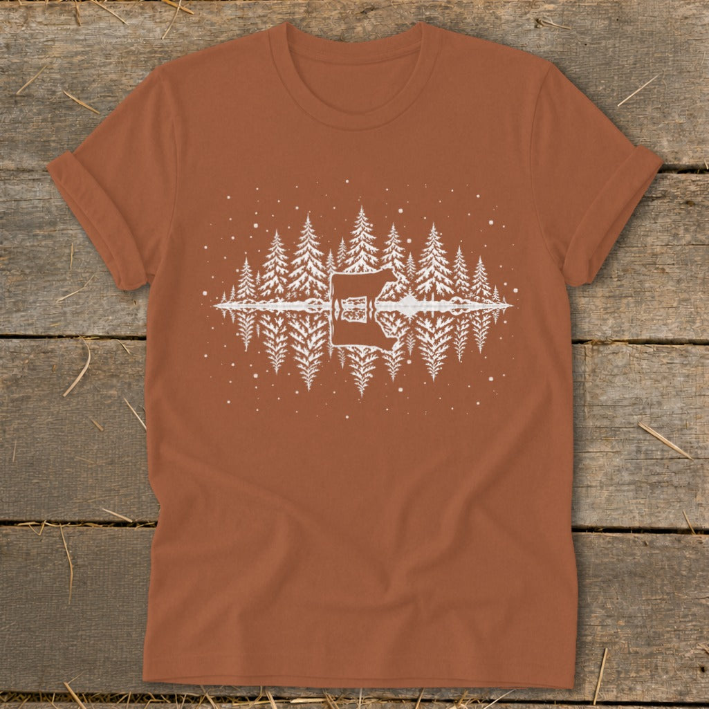 Brown t-shirt with white graphic of pine trees reflecting in water.