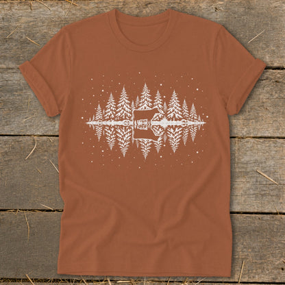 Brown t-shirt with white graphic of pine trees reflecting in water.