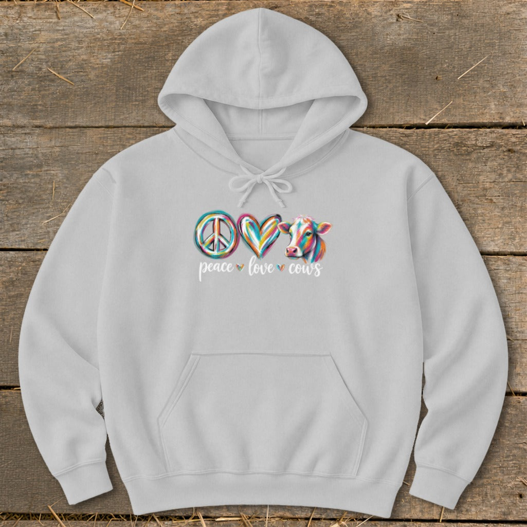Light gray hoodie with colorful peace sign, heart, and cow graphic and "peace love cows" text.