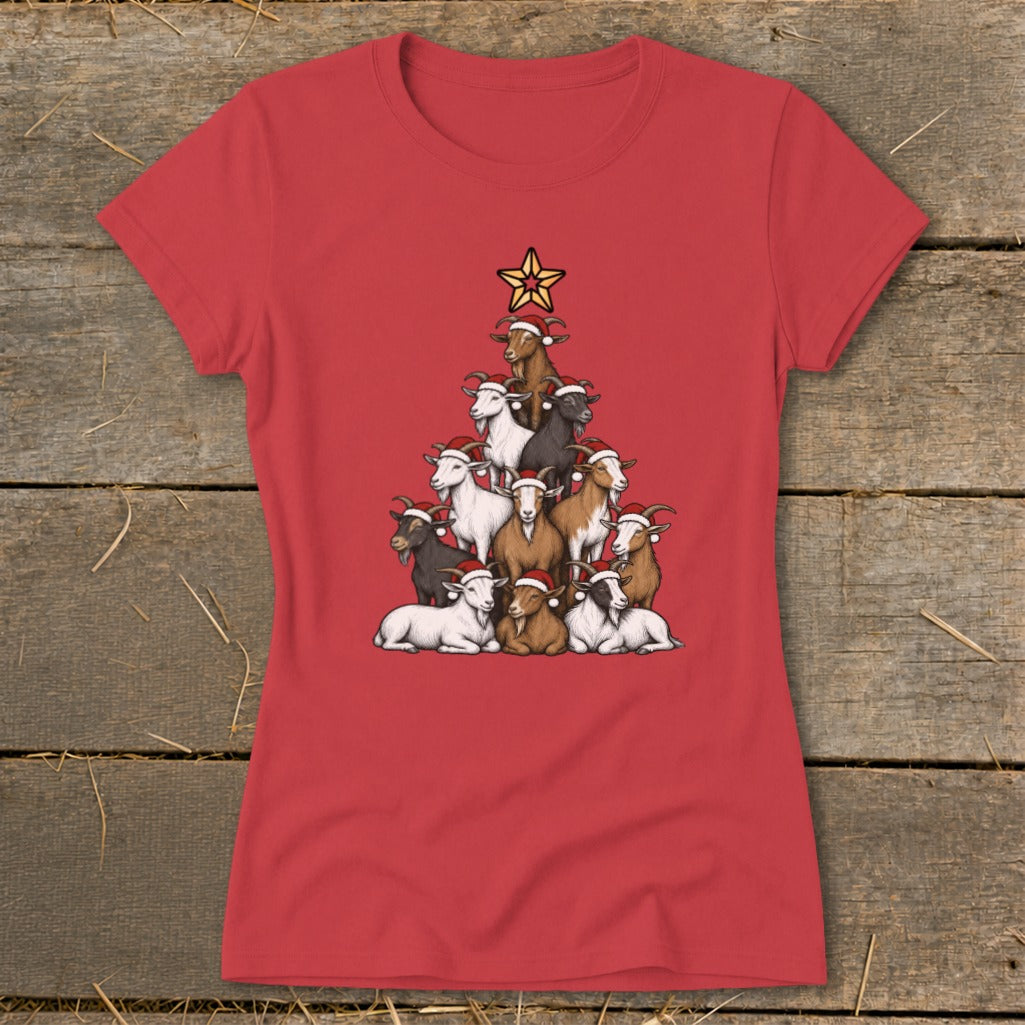 Red t-shirt with a Christmas tree made of goats wearing Santa hats.