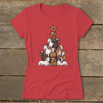 Red t-shirt with a Christmas tree made of goats wearing Santa hats.