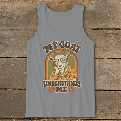 Grey tank top with a graphic of a goat wearing glasses and a floral shirt. Text reads "My Goat Understands Me."