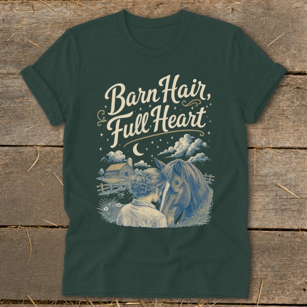 T-shirt with "Barn Hair, Full Heart" text and illustration of a person with a horse.