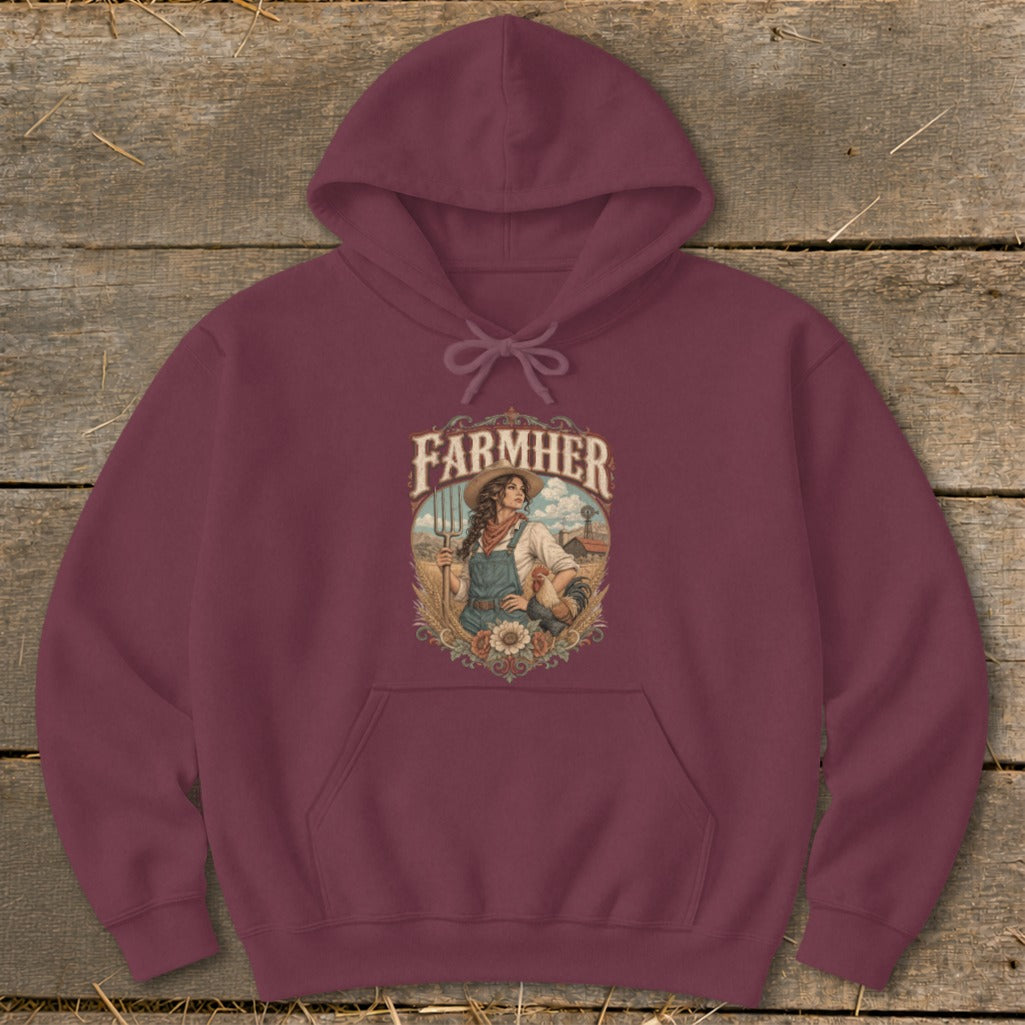 Maroon hoodie with "Farmher" graphic featuring a woman with a pitchfork and a rooster.