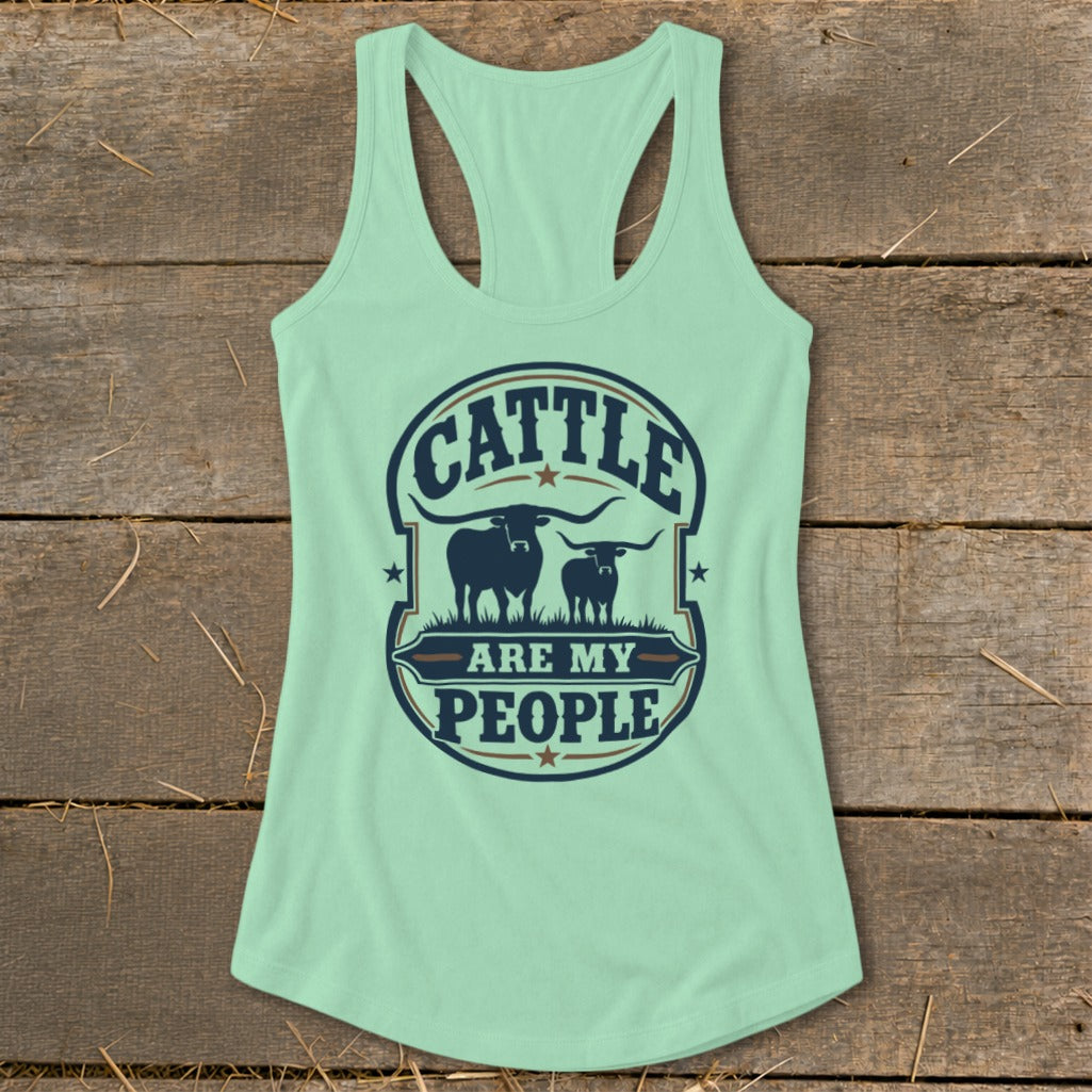 Mint green tank top with "Cattle Are My People" graphic and two longhorn cattle.