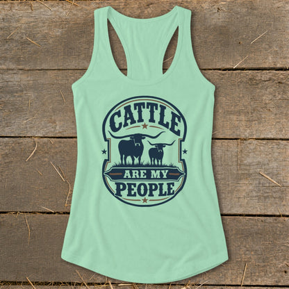 Mint green tank top with "Cattle Are My People" graphic and two longhorn cattle.