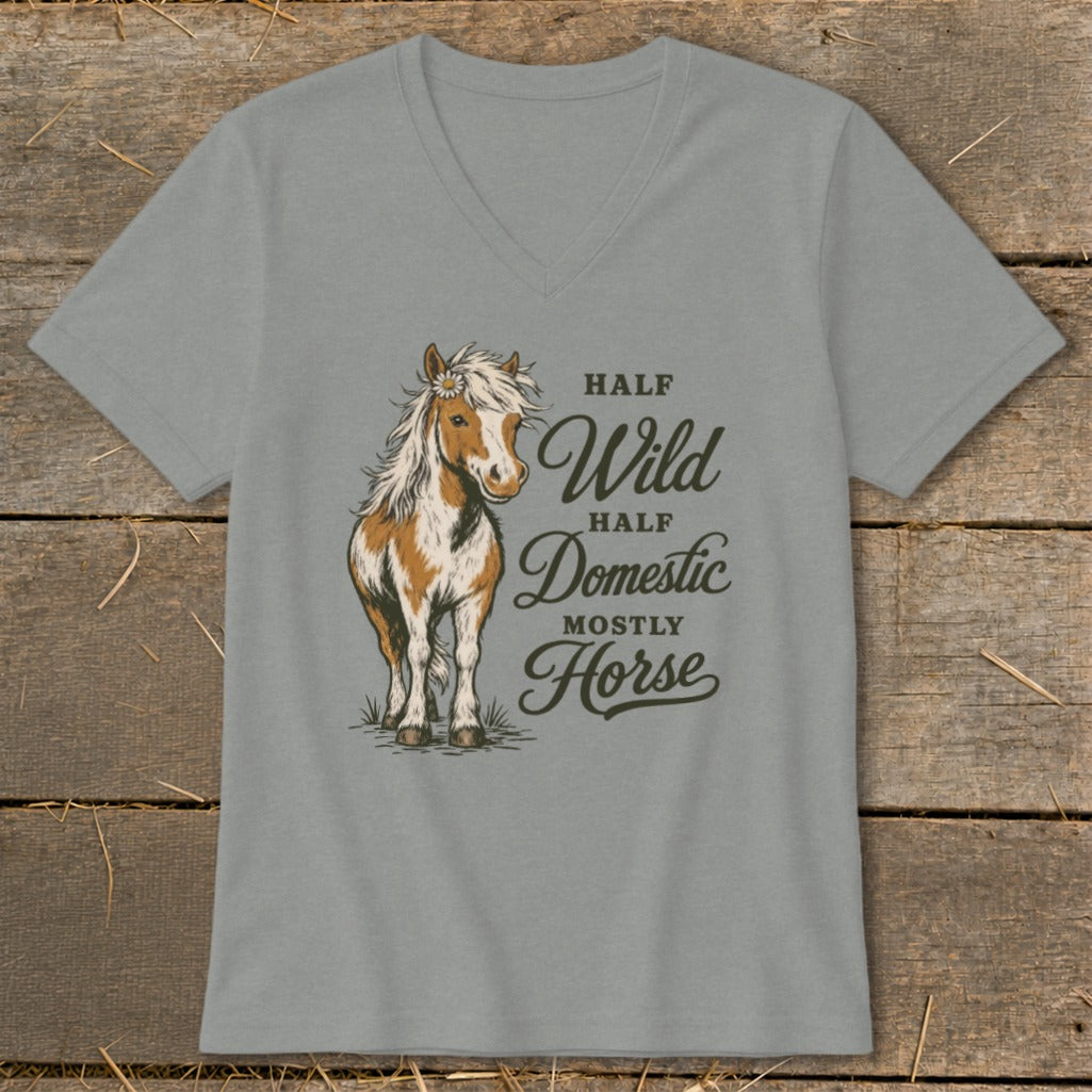 Horse graphic with text: Half Wild, Half Domestic, Mostly Horse