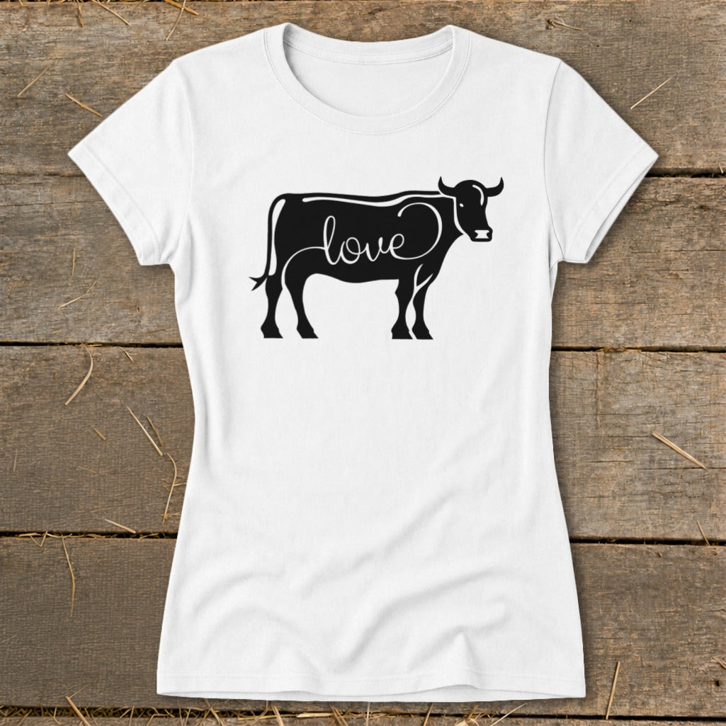 White t-shirt with black cow silhouette graphic that includes the word "love" in cursive.