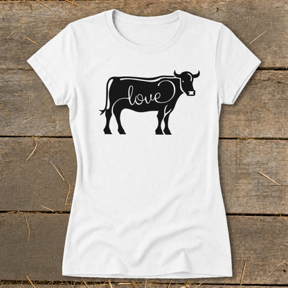 White t-shirt with black cow silhouette graphic that includes the word "love" in cursive.