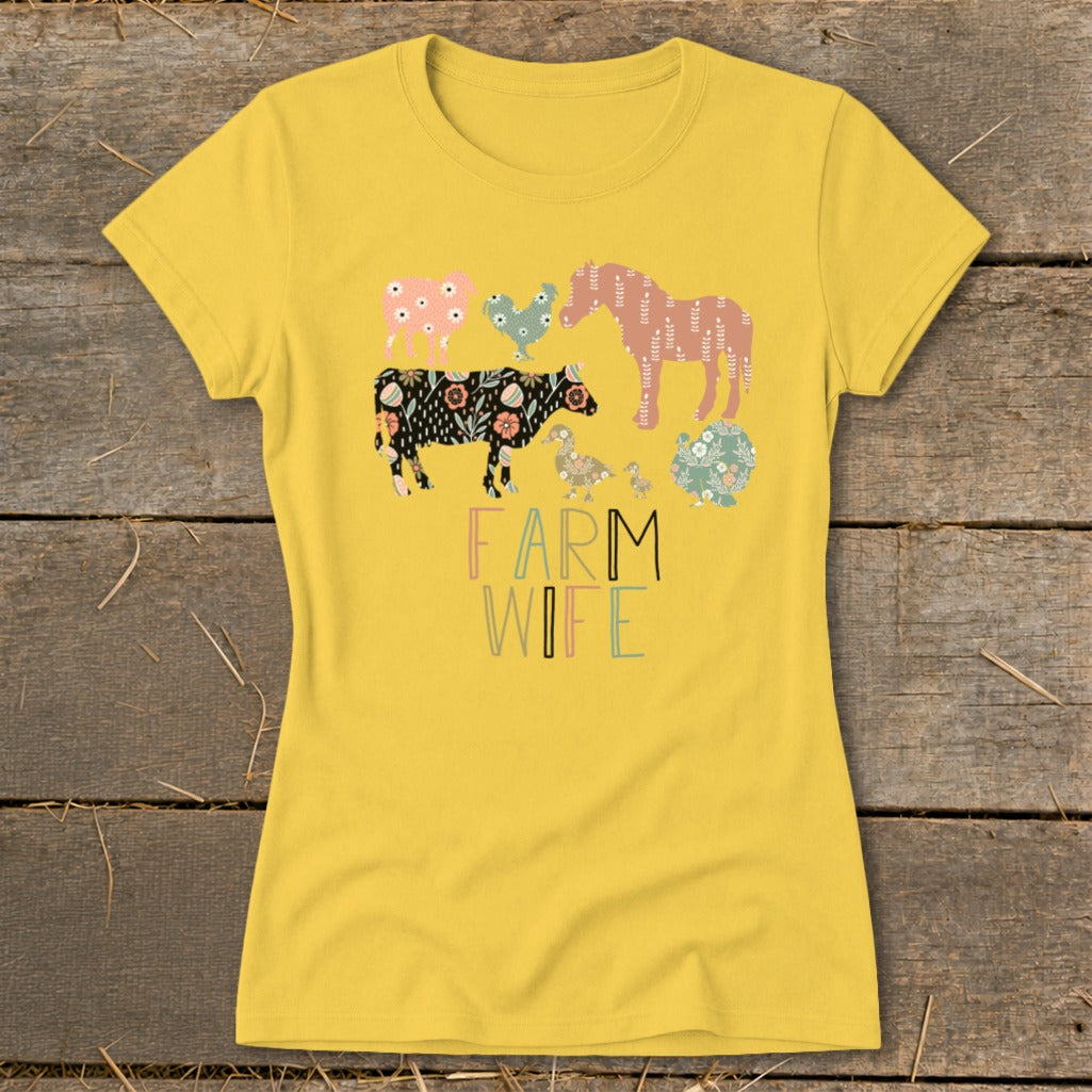 Yellow t-shirt with "FARM WIFE" text and floral farm animals.