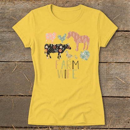Yellow t-shirt with "FARM WIFE" text and floral farm animals.