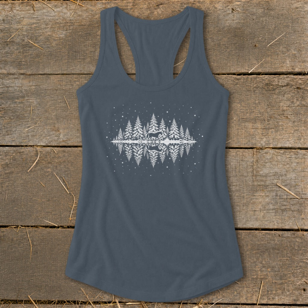 Gray tank top with white graphic of trees, a deer, and reflection on water.