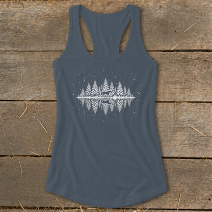 Gray tank top with white graphic of trees, a deer, and reflection on water.