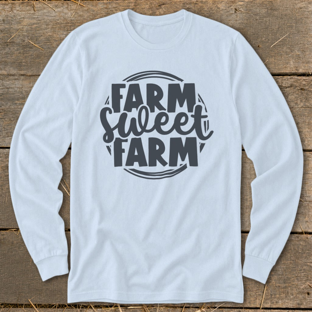 White long-sleeve shirt with "Farm Sweet Farm" graphic in dark gray.