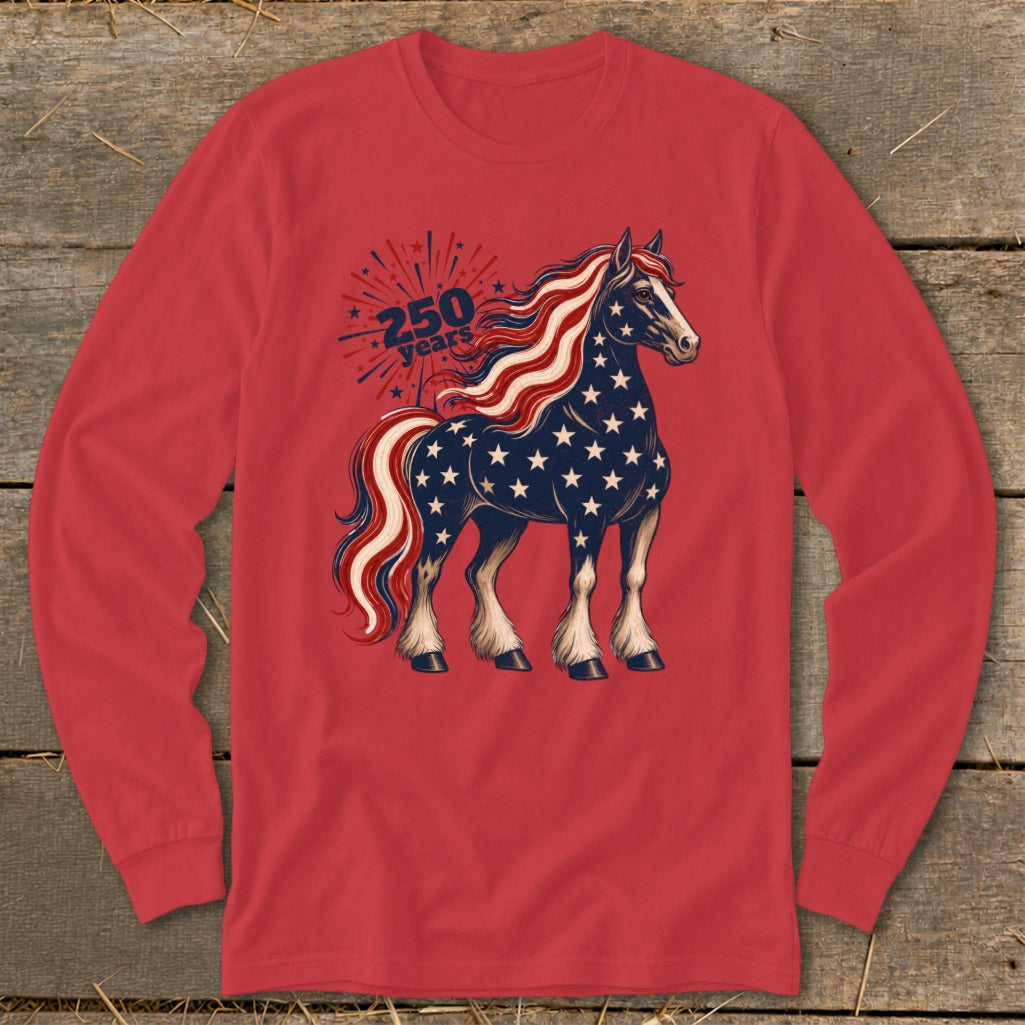 Horse with patriotic stars and stripes design and text "250 years".