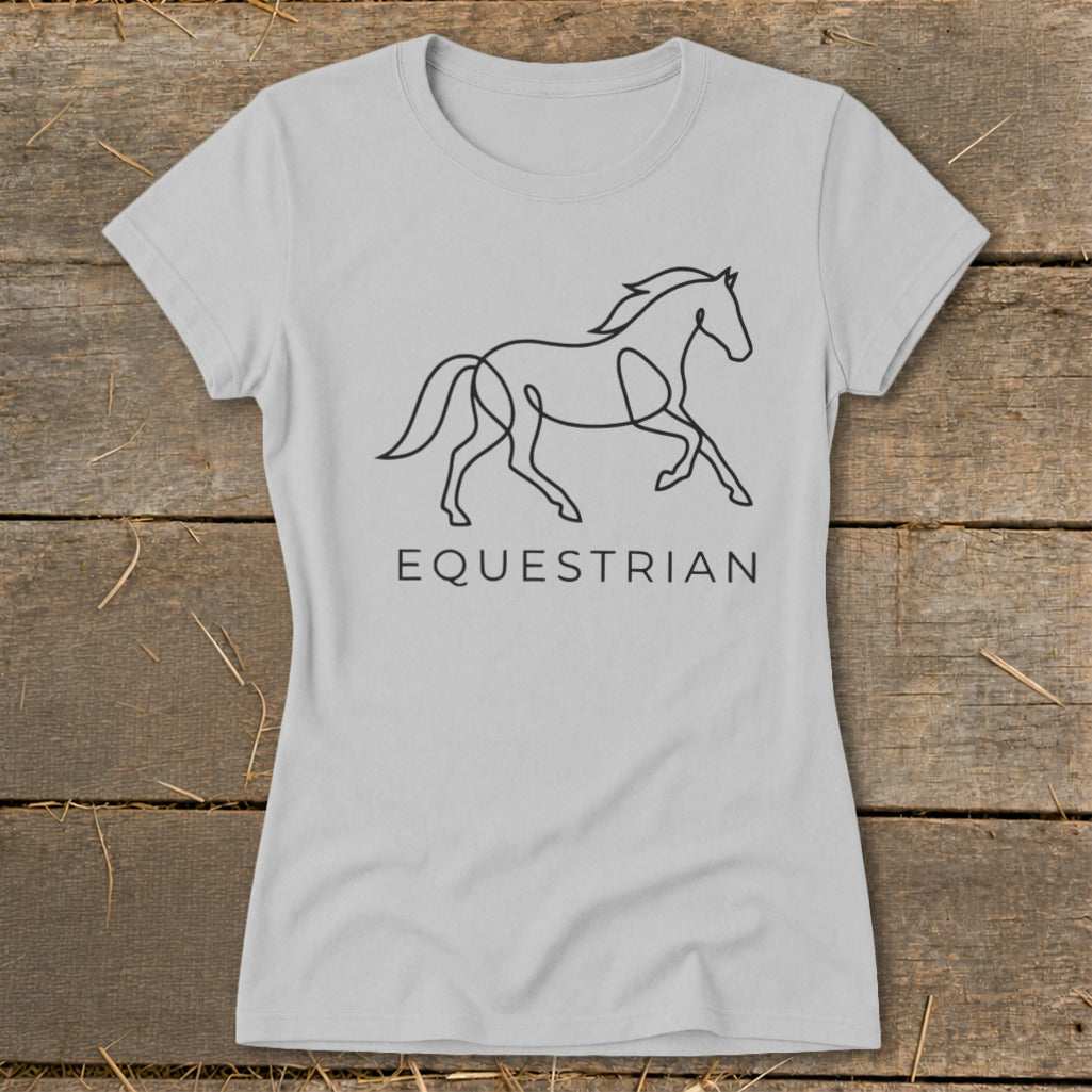 Gray t-shirt with a black line drawing of a horse and the word EQUESTRIAN.