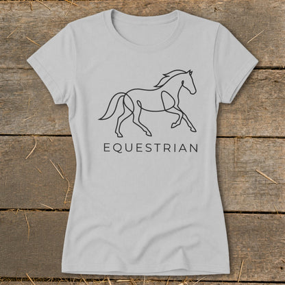 Gray t-shirt with a black line drawing of a horse and the word EQUESTRIAN.