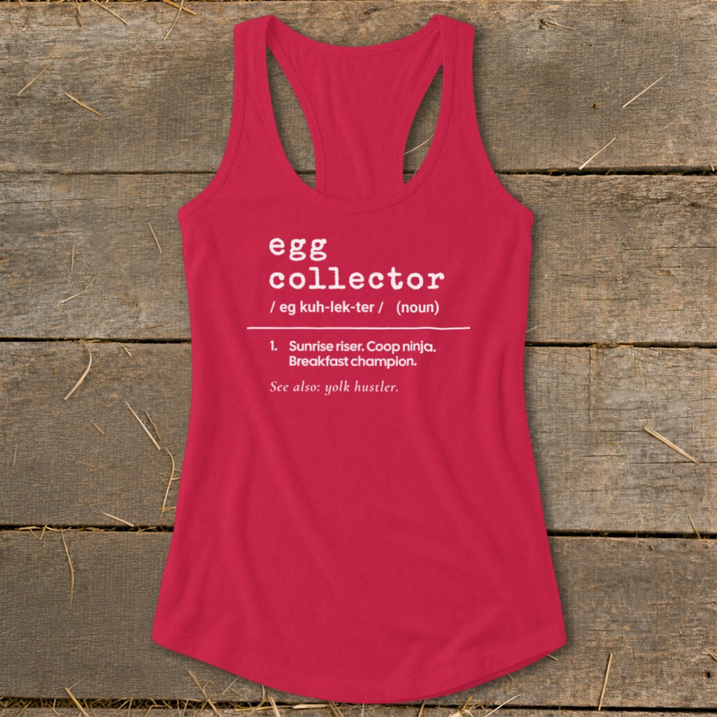 Red tank top with "egg collector" definition, including pronunciation and synonyms.