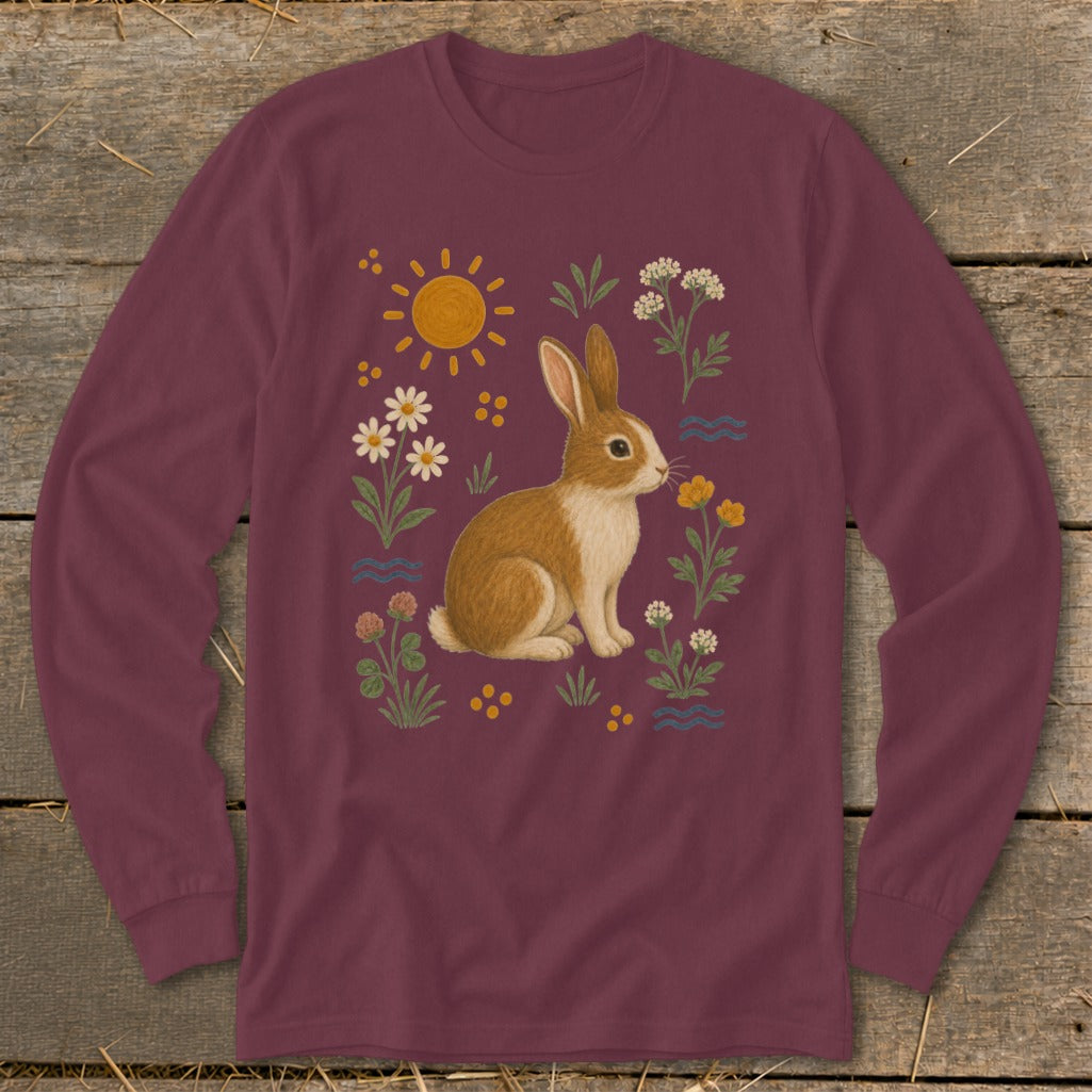 Maroon long-sleeve shirt with a brown rabbit and floral design.