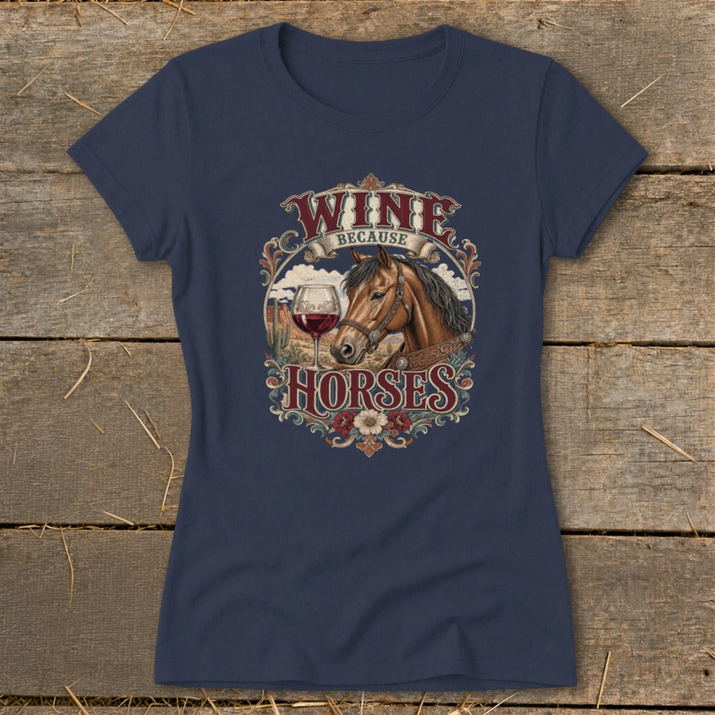T-shirt with graphic reading "Wine Because Horses" and featuring a horse head and wine glass.