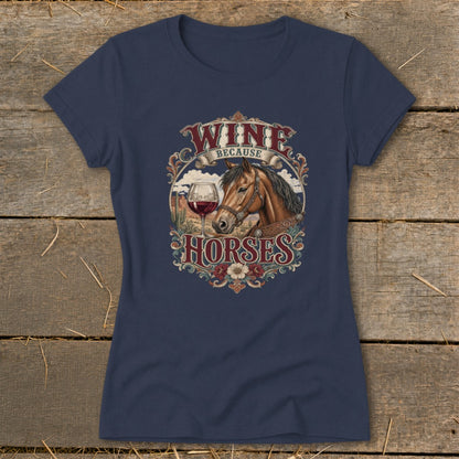 T-shirt with graphic reading "Wine Because Horses" and featuring a horse head and wine glass.