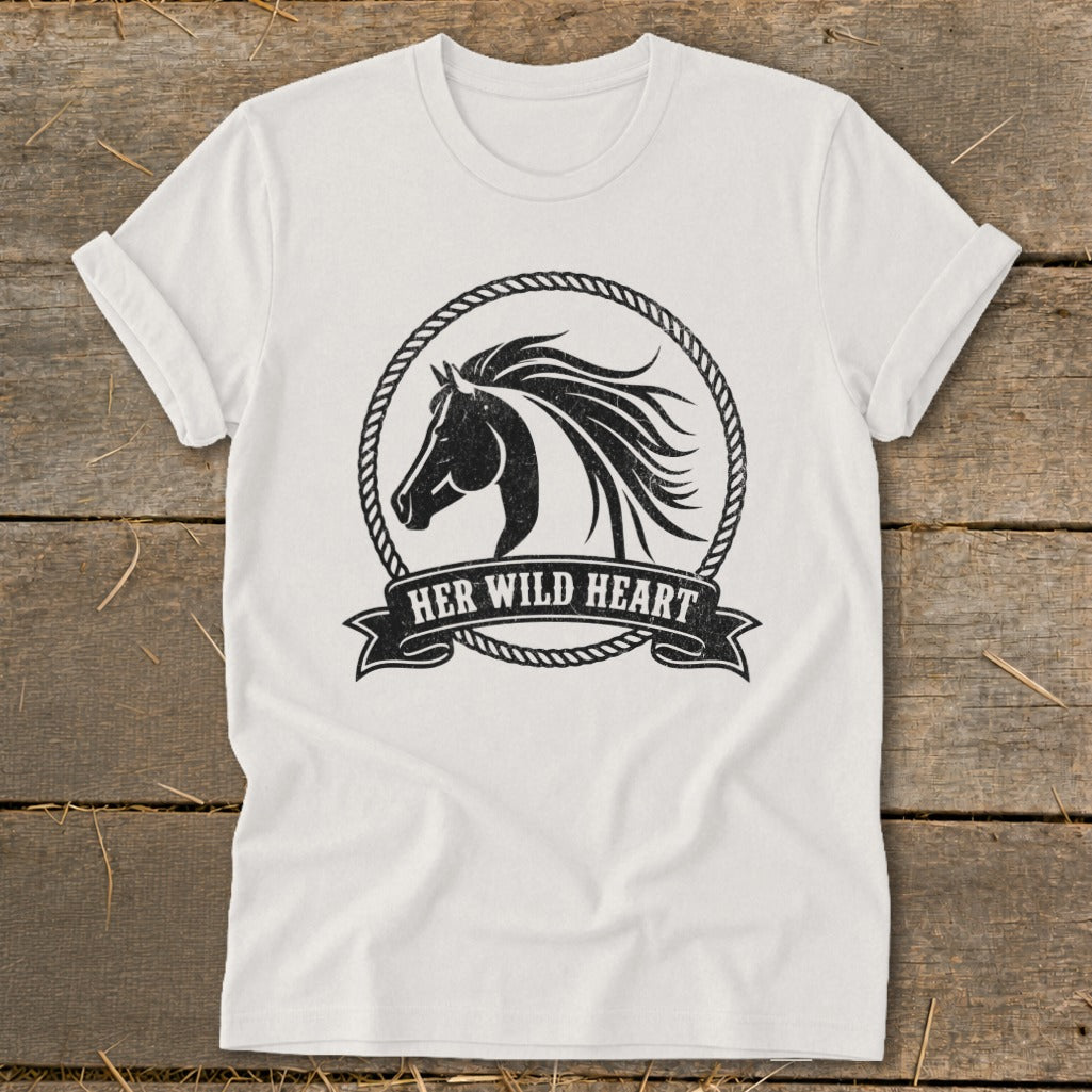 White t-shirt with black distressed horse head graphic and text "HER WILD HEART".