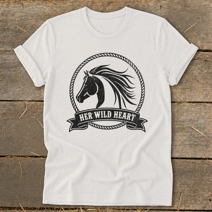 White t-shirt with black distressed horse head graphic and text "HER WILD HEART".