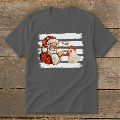 Santa booping a chicken with "Boop" text above on a dark gray t-shirt.