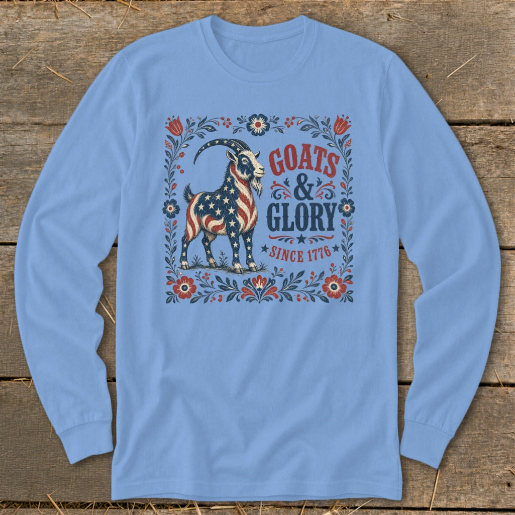 Goats & Glory Since 1776 graphic on a light blue long-sleeved shirt.