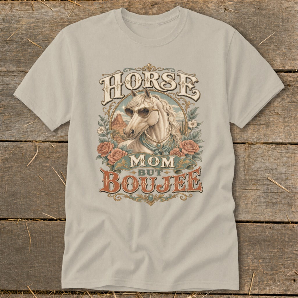 "Horse Mom But Boujee" text with a horse wearing sunglasses and pearls.