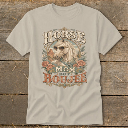"Horse Mom But Boujee" text with a horse wearing sunglasses and pearls.