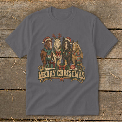 Four horses in Christmas attire with "Merry Christmas" text below.