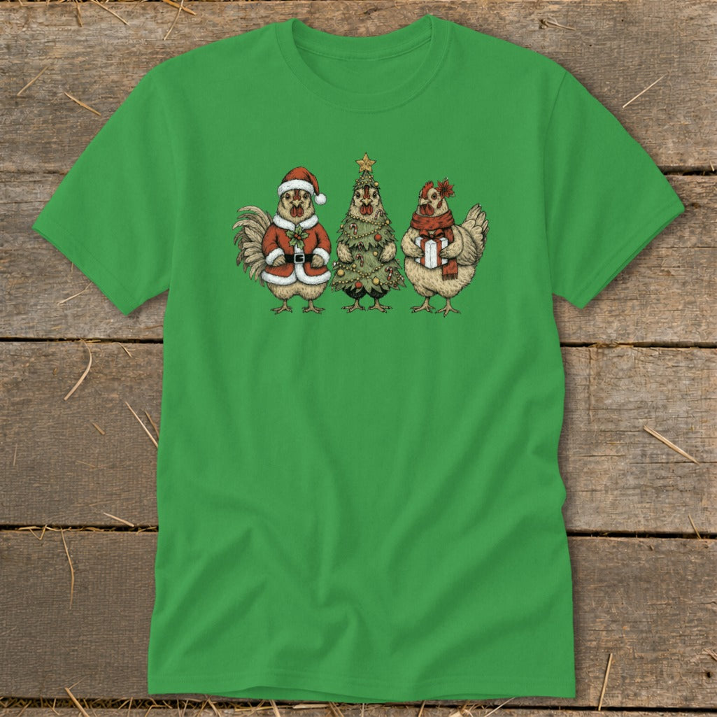 Three chickens in holiday attire: one as Santa, one as a Christmas tree, one with a gift.