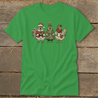 Three chickens in holiday attire: one as Santa, one as a Christmas tree, one with a gift.