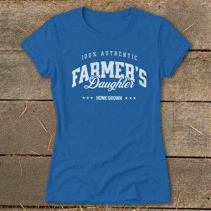 Blue t-shirt with "100% Authentic Farmer's Daughter Homegrown" graphic.